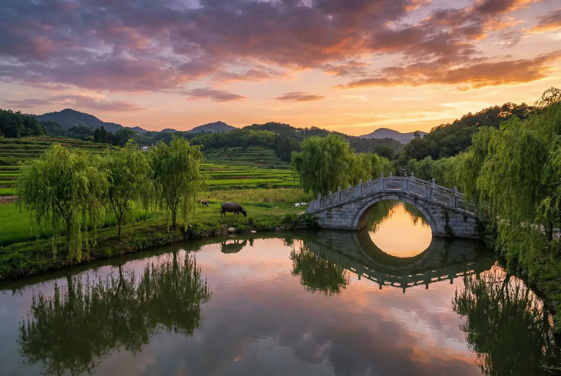 夕阳下的石拱桥与垂柳，水牛在河边吃草 - 穿越火线网剧免费观看 乡村美景